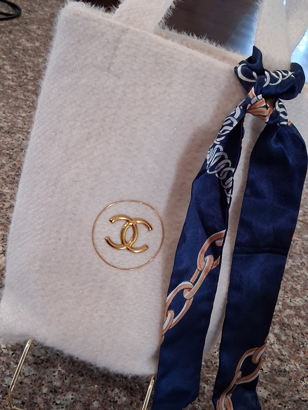 Chanel Cream GWP  Tweed Tote with Navy Chain Print Scarf.Brand New